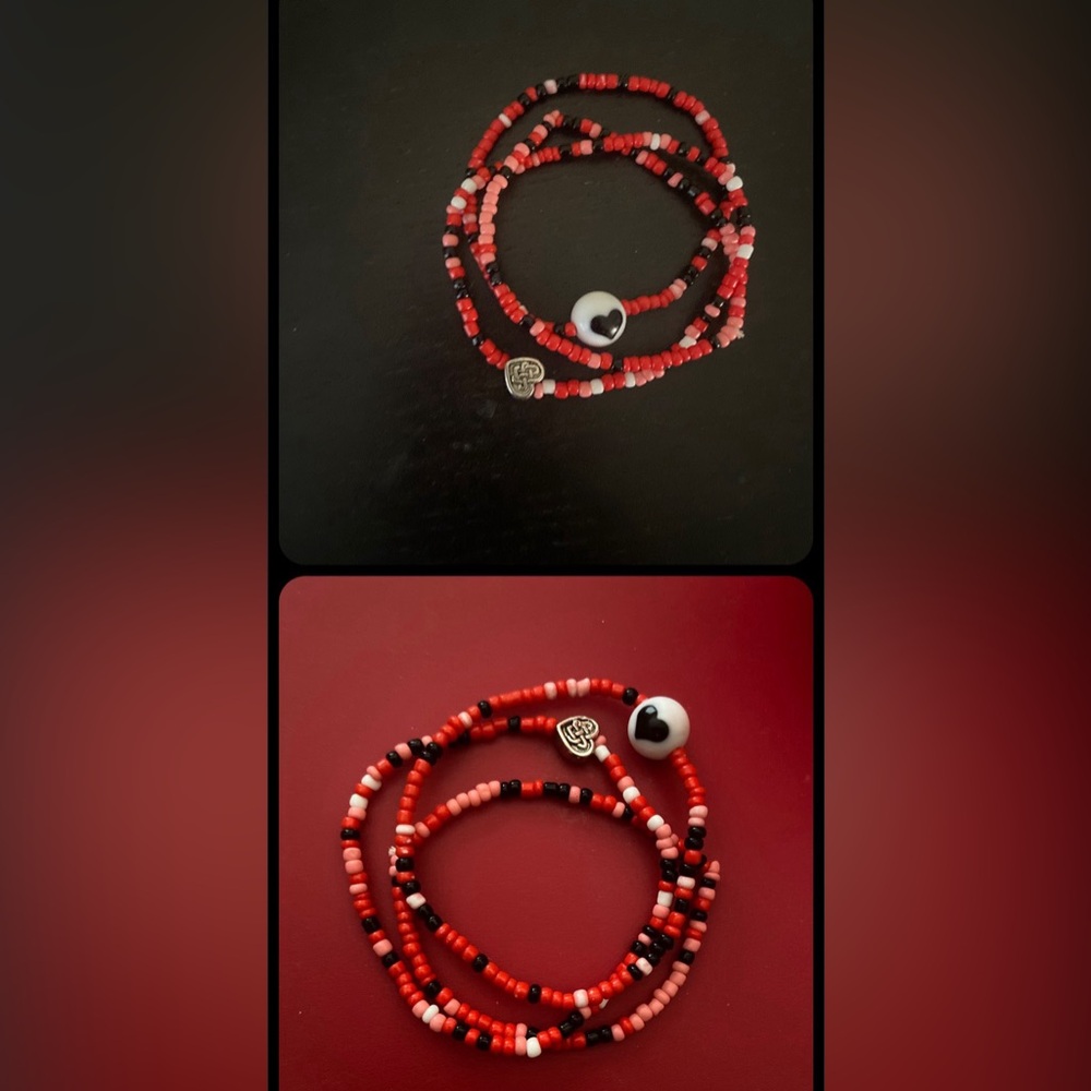 🪢 Handmade seed bead 3 bracelets red black white pink mix + Celtic heart knot 💗
